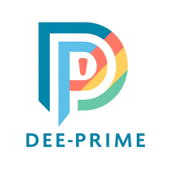 Dee-prime logo rainbow blue text